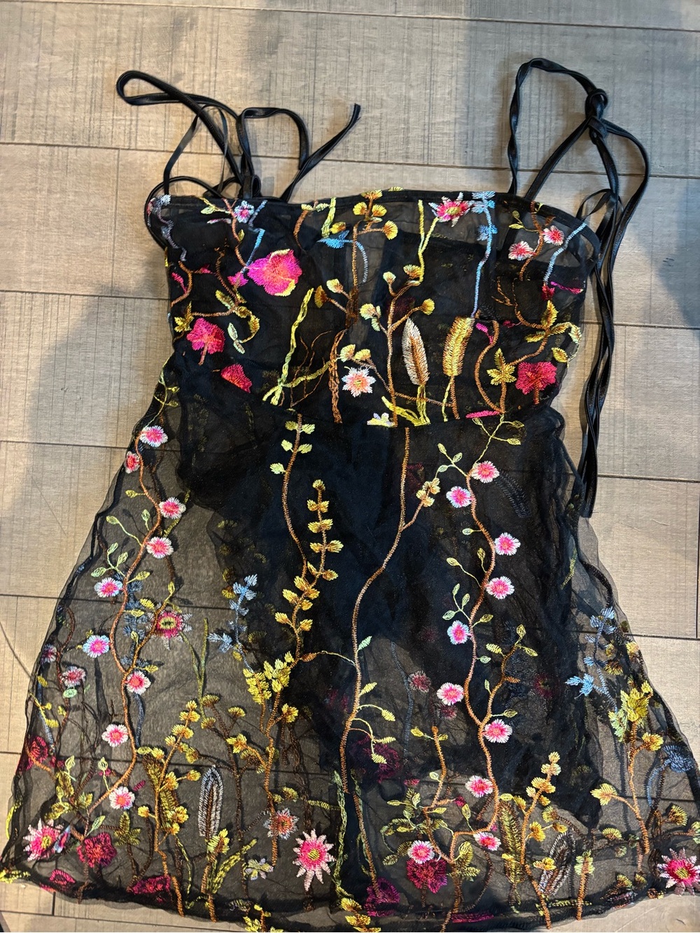 4 for $20- Black Mini Mesh Floral Embroidered Satin Tie-Strap Dress